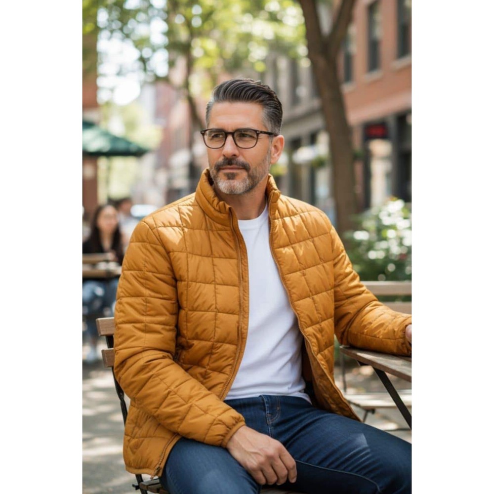 Old Navy‎ L Grid Quilt Puffer Jacket Men's SAFFLOWER Orange Water-Resistant Coat